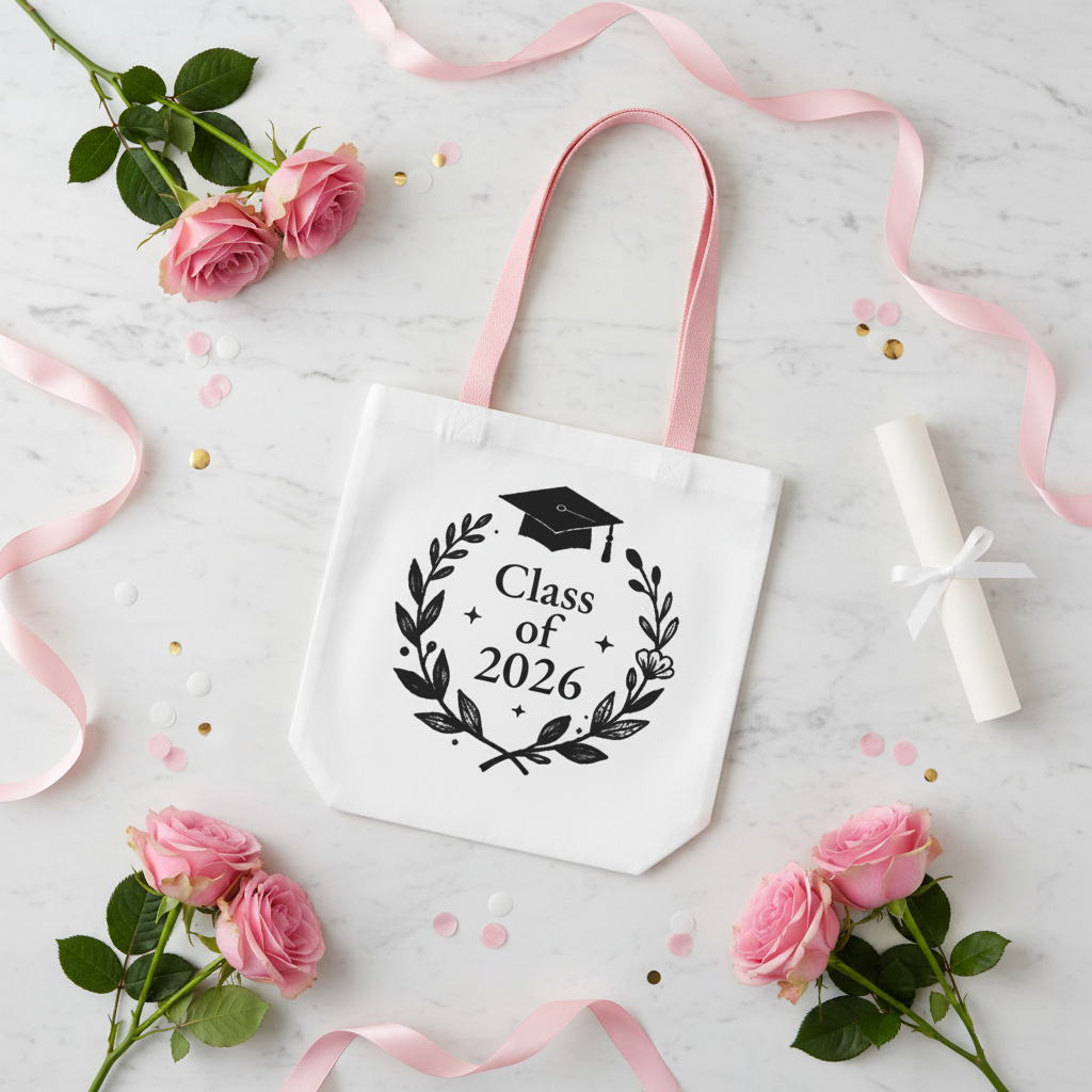 White graduation tote bag with Class of 2026 wreath and cap logo print