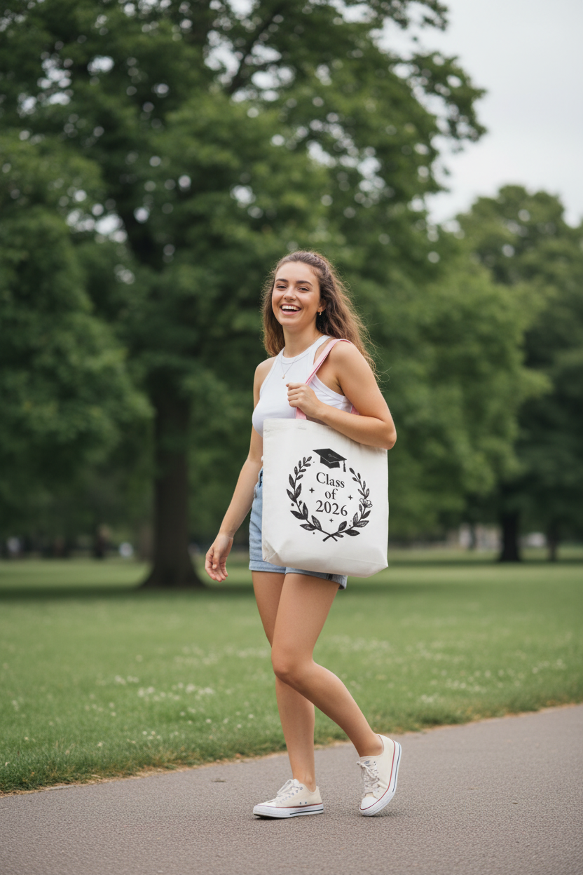 White graduation tote bag with 'Class of 2026' wreath logo on a shopper