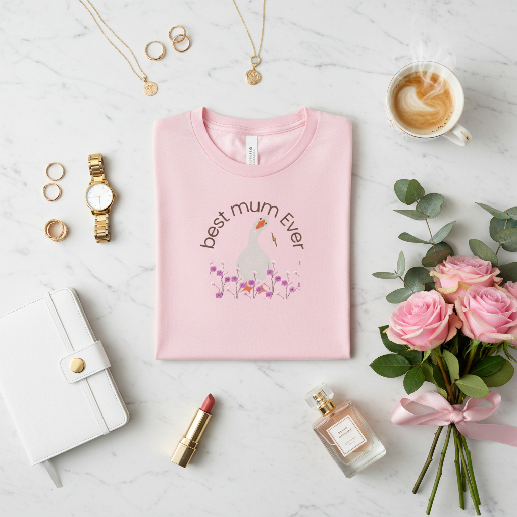 Pink t-shirt on marble with designer items