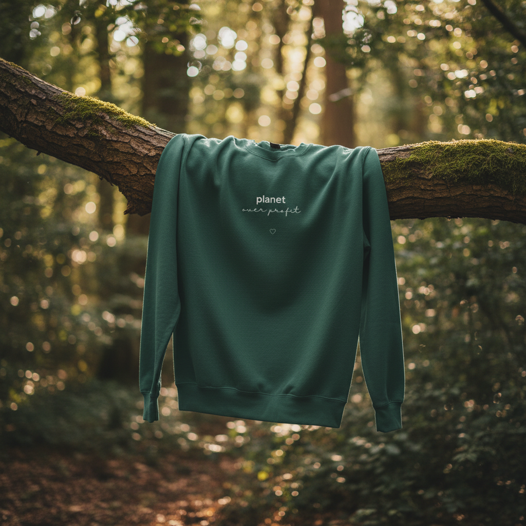 Bottle green sweatshirt, back view with small logo and heart emblem