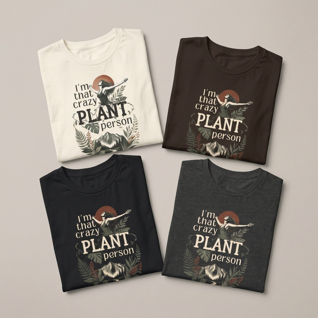 Four plant lover t-shirts in white, dark brown, black, and dark gray heather with print
