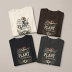 Four plant lover t-shirts in white, dark brown, black, and dark gray heather with print