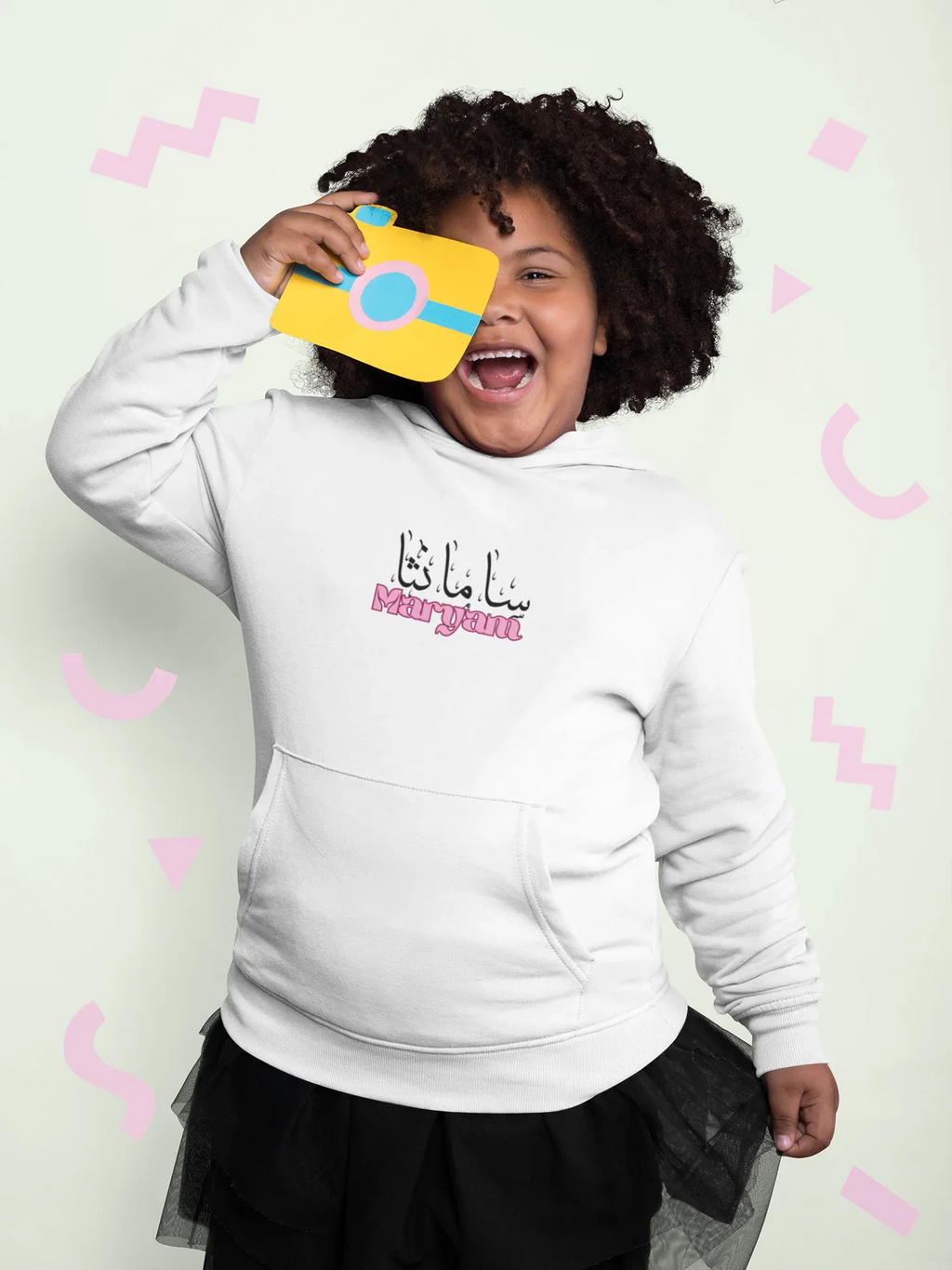 Kids white pullover hoodie with Arabic name and pink “Zara” chest print