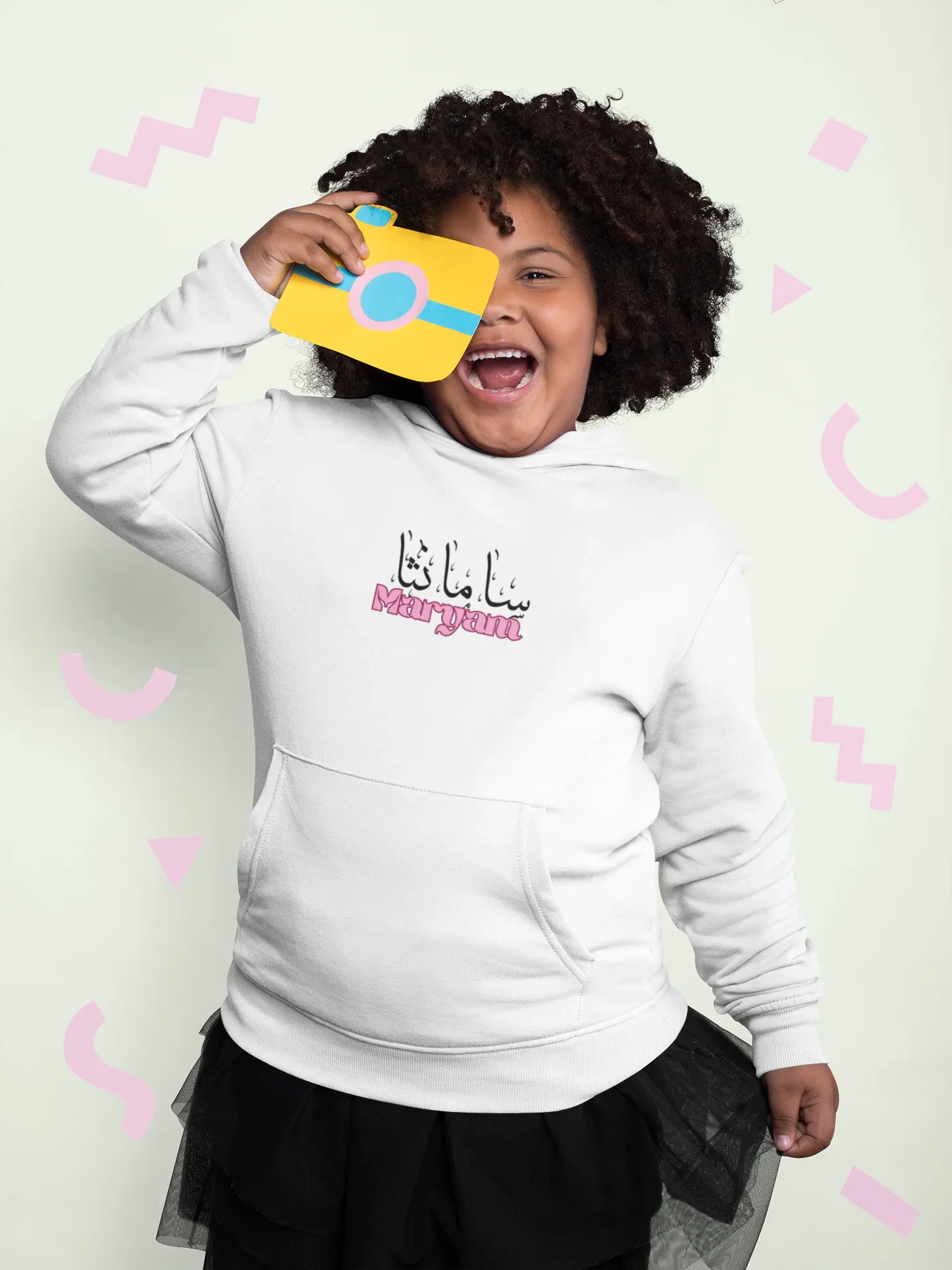 Kids white pullover hoodie with Arabic name and pink “Zara” chest print
