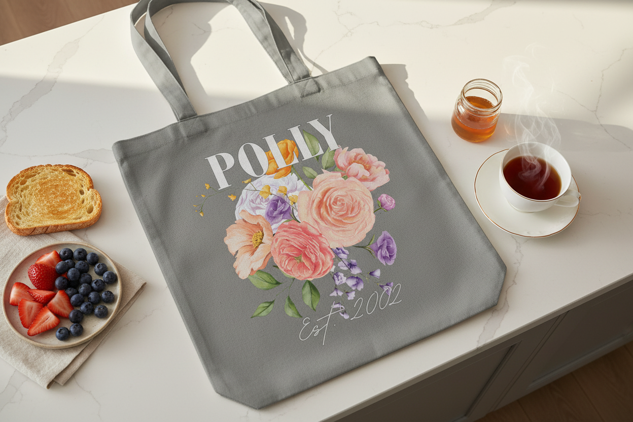 POLLY tote on kitchen counter with breakfast