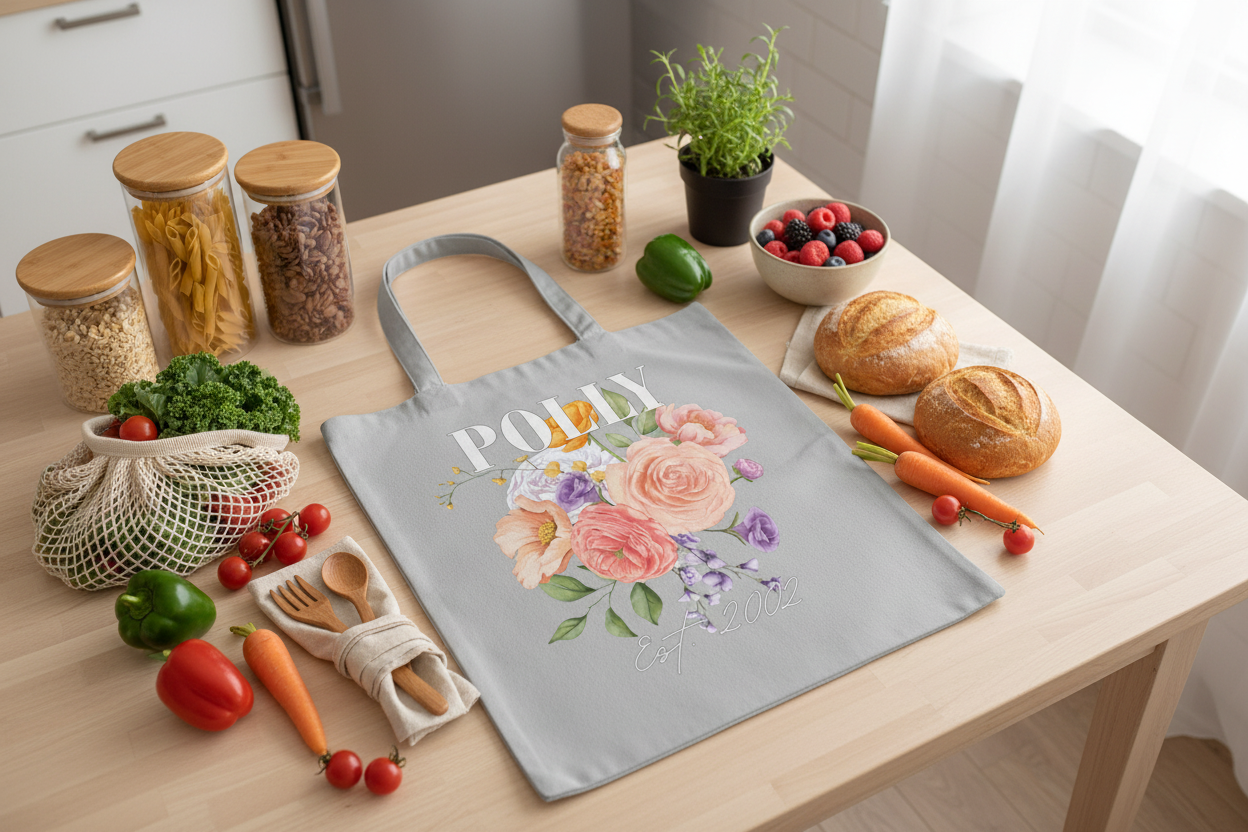 POLLY tote on kitchen table with groceries