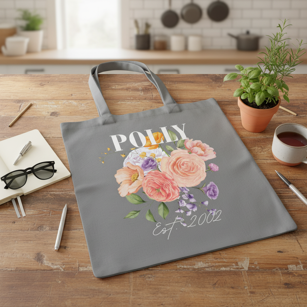 POLLY tote on wooden kitchen table