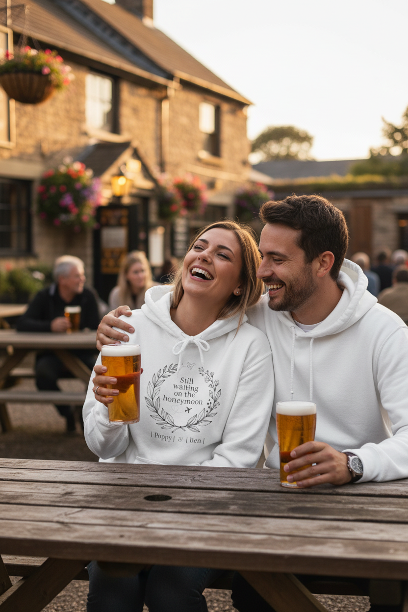 White personalized couples hoodie worn outdoors by two people, chest wreath logo visible