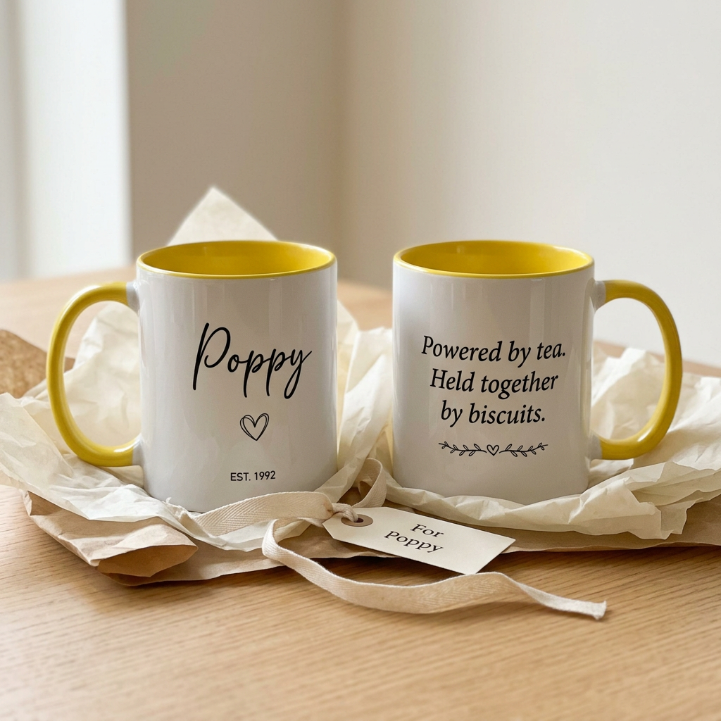 Poppy EST. 1992 yellow mug with a funny tea and biscuits quote, styled with gift wrapping