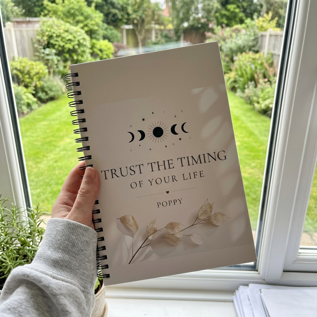 A5 lined notebook with cream cover, moon design, Trust the Timing of Your Life—POPPY