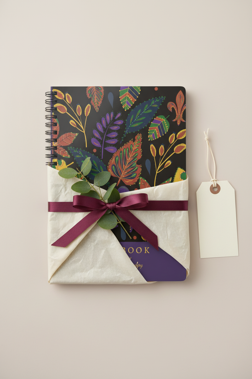 A5 floral notebook wrapped in white paper with dark purple band and gift tag