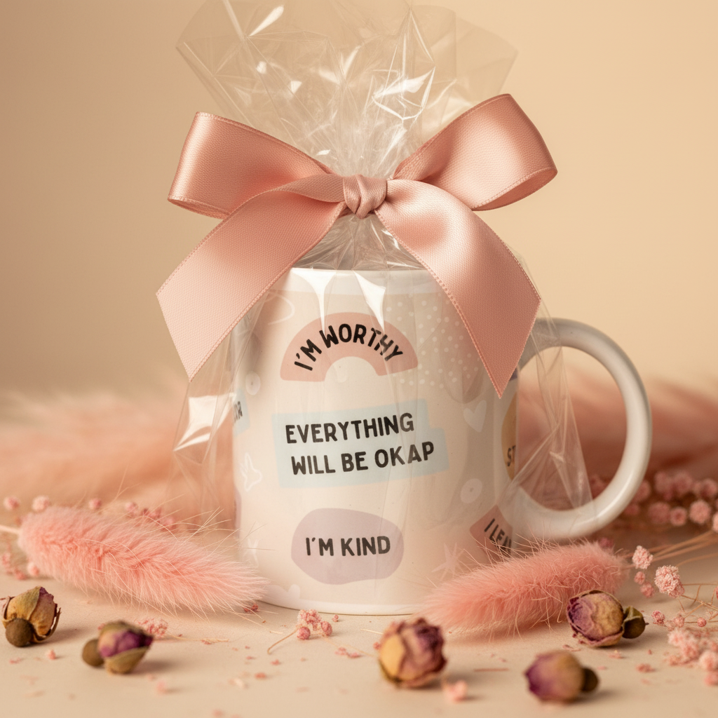 Wrapped white ceramic mug with pink bow; text reads “EVERYTHING WILL BE OKAY”