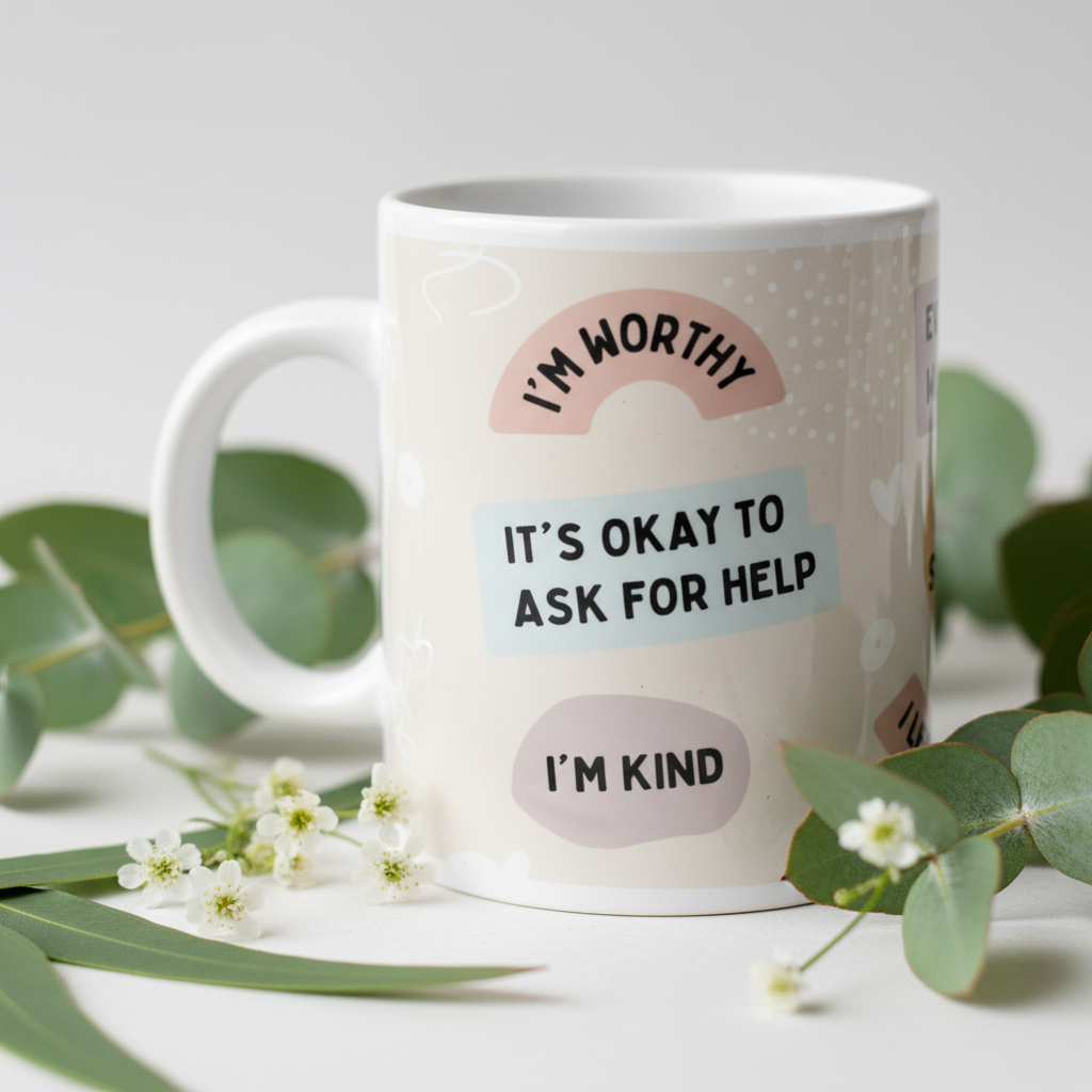White ceramic mug with “IT’S OKAY TO ASK FOR HELP” and “I’M KIND” text