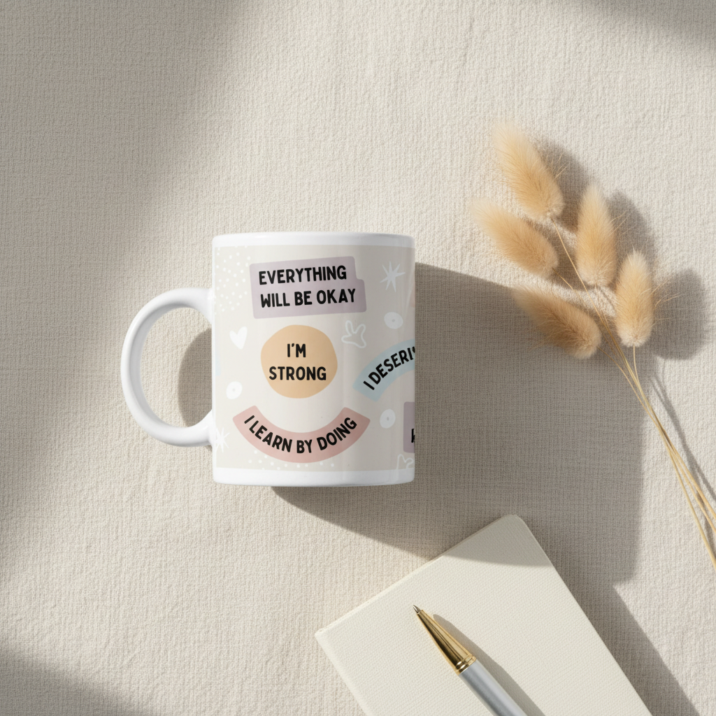 White ceramic mug with 'Everything will be okay' and 'I'm strong' printed encouragement