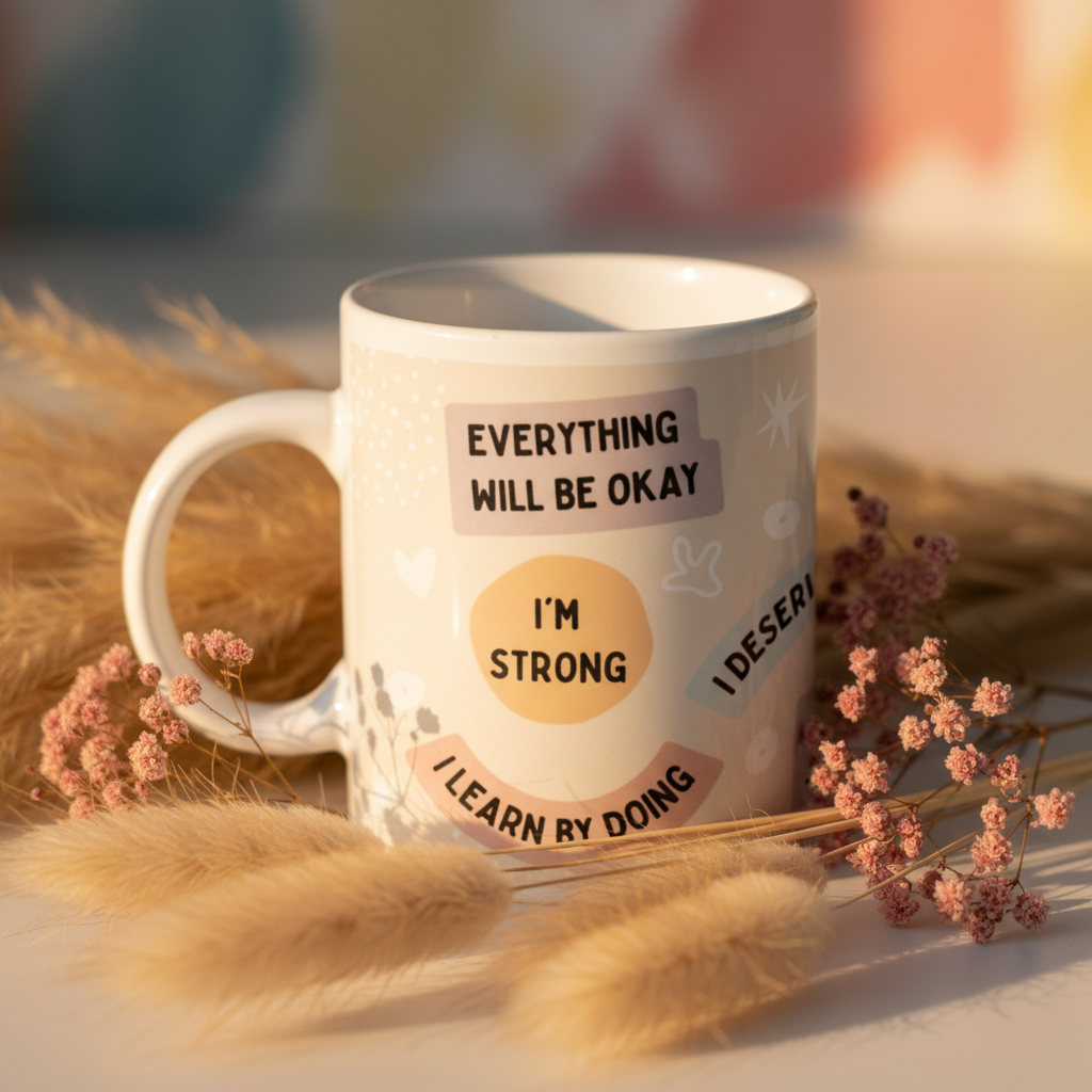 White ceramic mug showing “EVERYTHING WILL BE OKAY” and “I’M STRONG” on the front