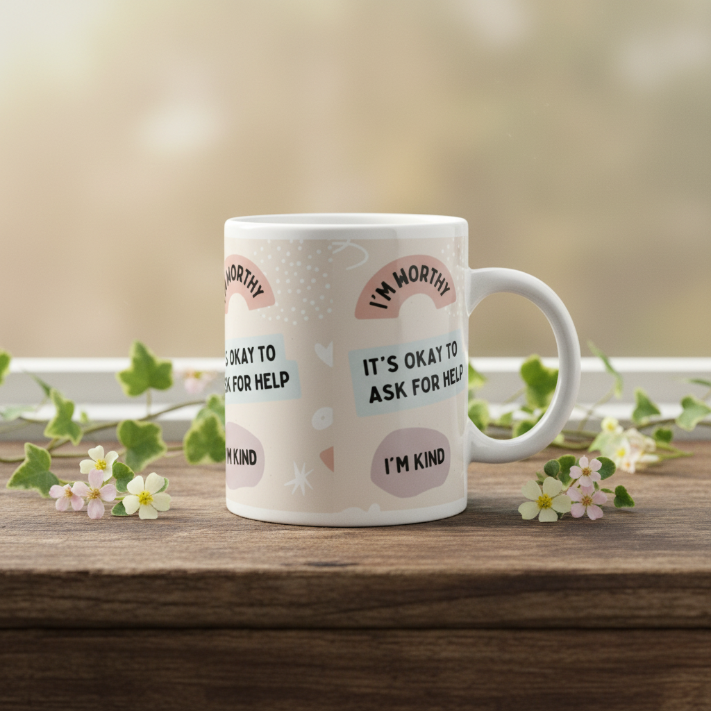 White ceramic mug with motivational text “IT’S OKAY TO ASK FOR HELP” and “I’M KIND”
