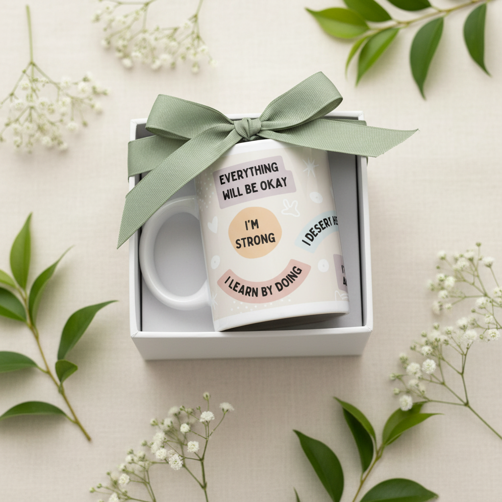 Gift box with white ceramic mug and green bow; mug text includes “EVERYTHING WILL BE OKAY”