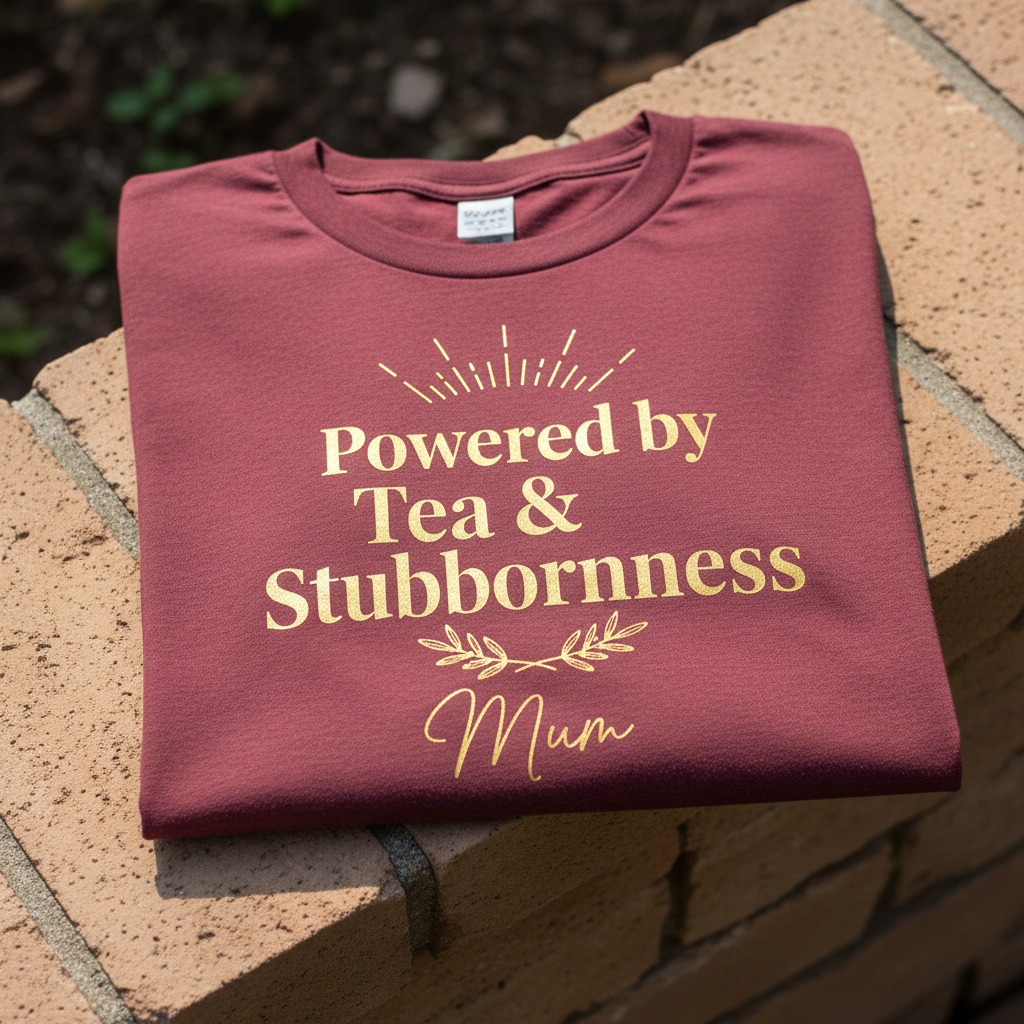 Pink T-shirt with gold “Powered by Tea & Stubbornness” and “Mum”