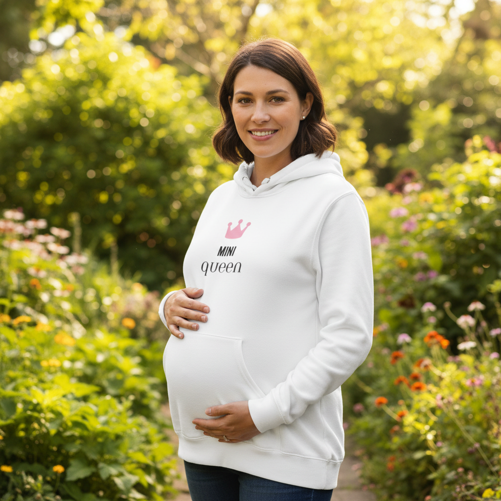 White hooded sweatshirt with “MINI queen” crown graphic on chest