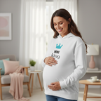 White hooded sweatshirt with teal crown and “MINI king” text on chest