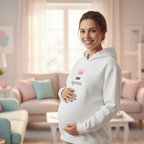 White hooded maternity sweatshirt with “MINI queen” crown logo on chest