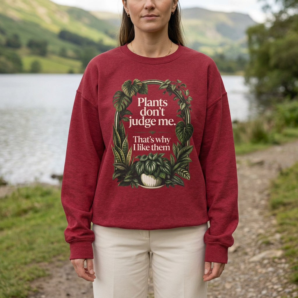 Antique cherry red crewneck sweatshirt with front plant graphic, worn by a model