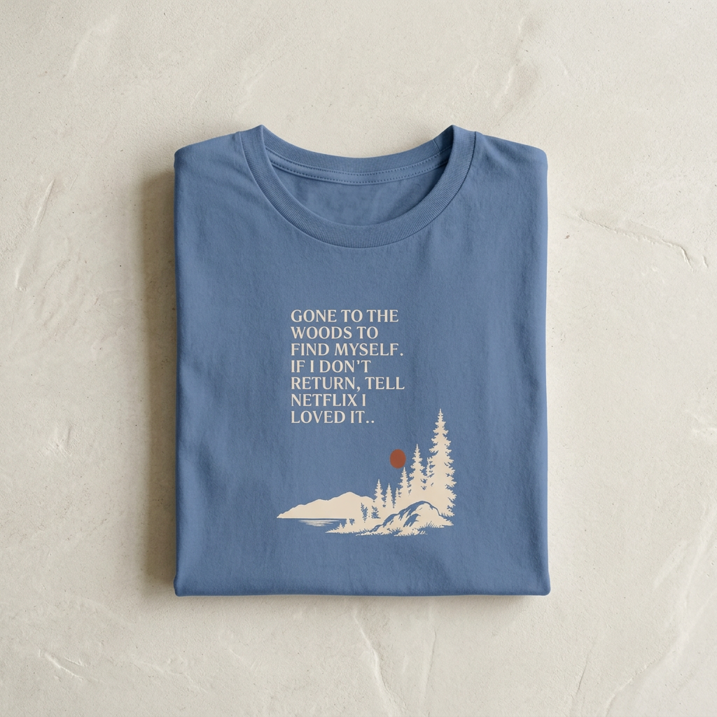 Blue hiking T-shirt with pine tree graphic and quote text on chest