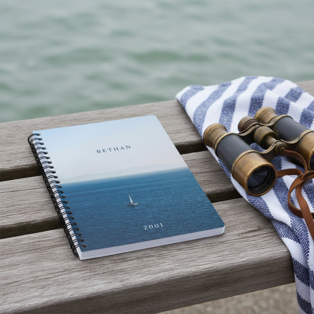 Premium coastal mockup of the Bethan 2001 calm sea notebook