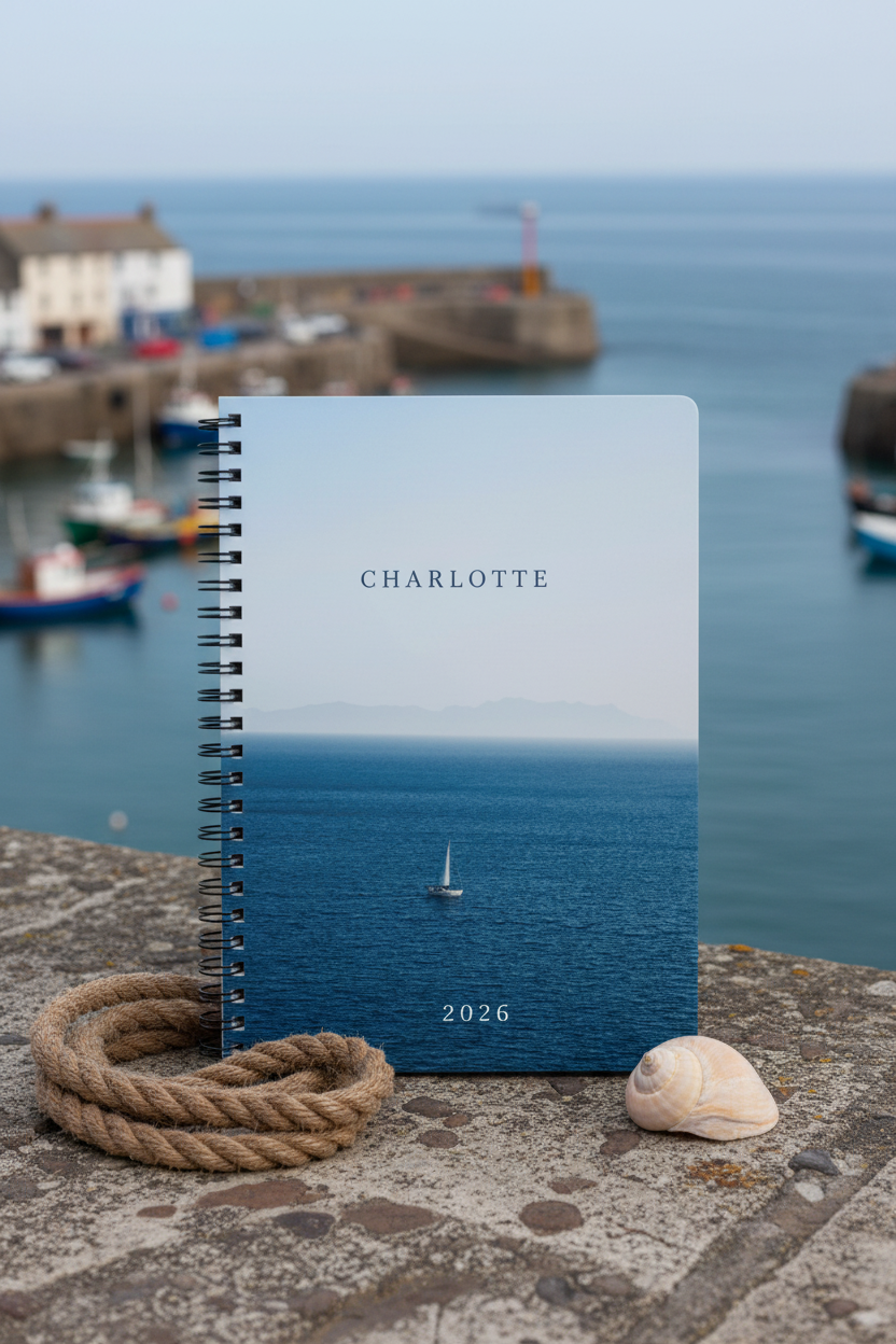 Premium coastal mockup of the Charlotte 2026 calm sea notebook