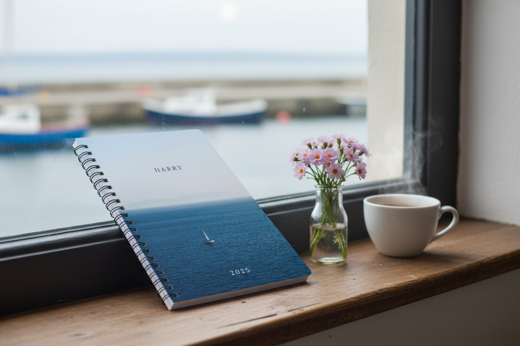 Premium coastal mockup of the Harry 2015 calm sea notebook
