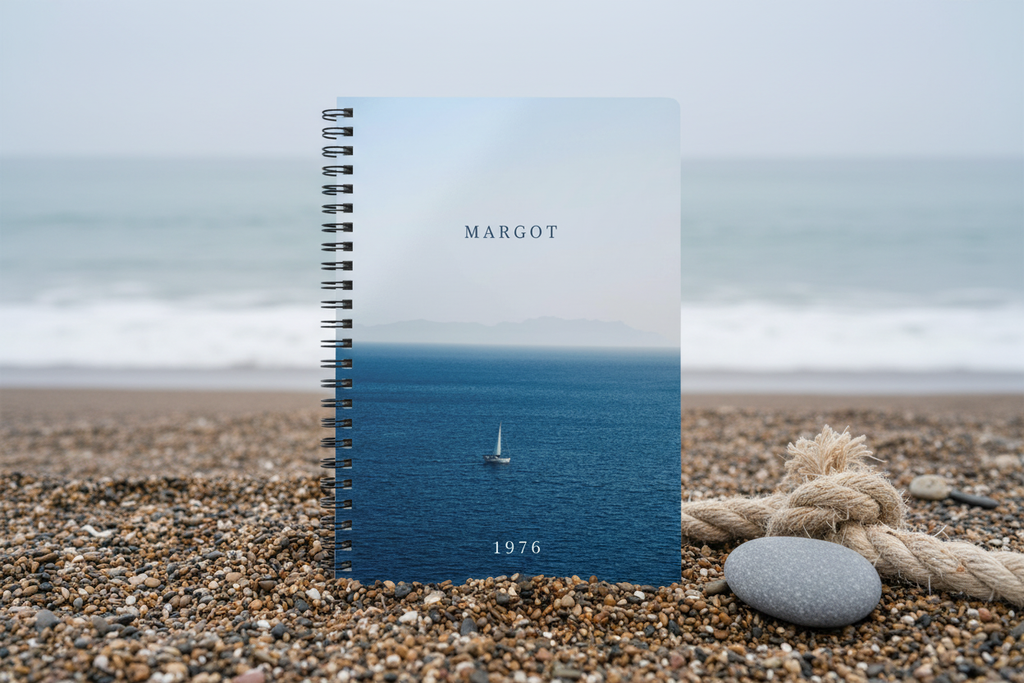 Premium coastal mockup of the Margot 1976 calm sea notebook