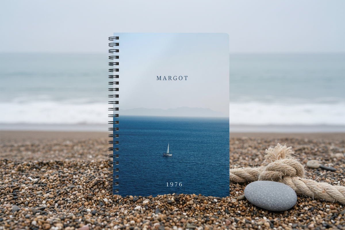 Premium coastal mockup of the Margot 1976 calm sea notebook