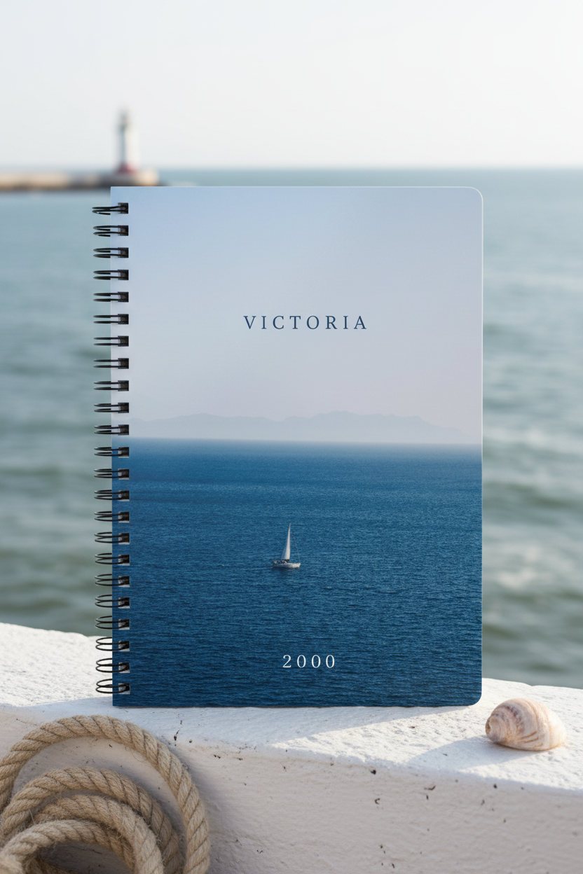 Premium coastal mockup of the Victoria 2000 calm sea notebook