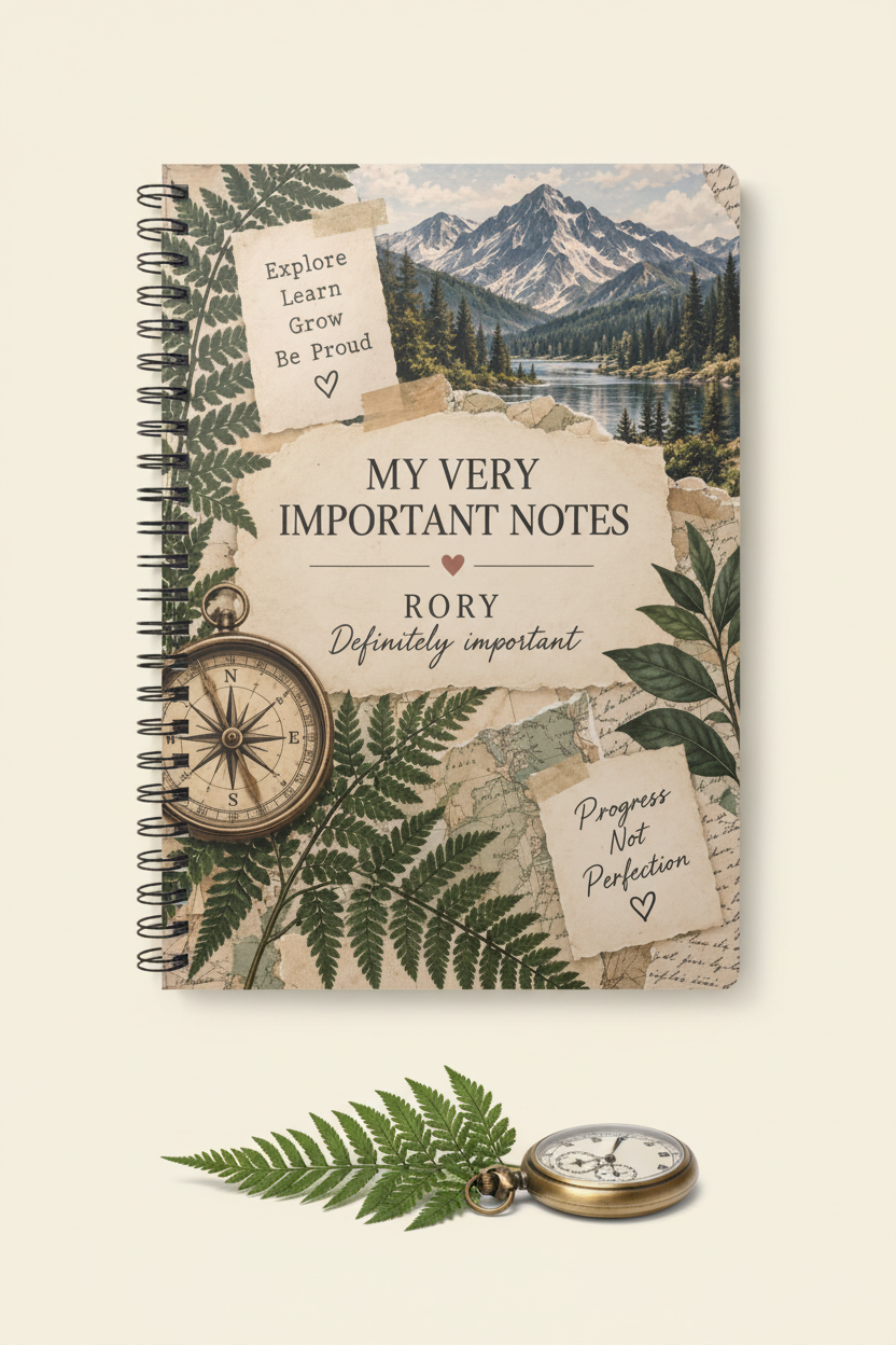 Premium cream hero mockup of the Rory notebook