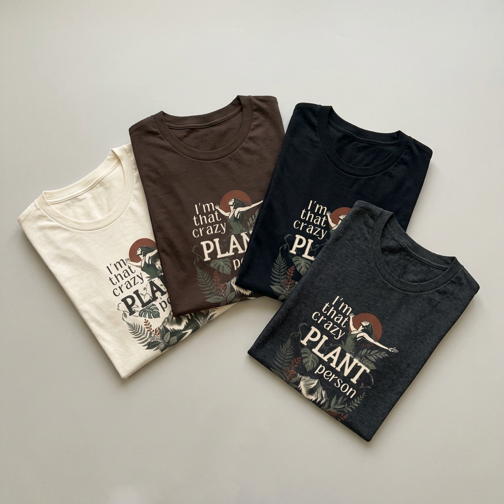 Five plant lover t-shirts (cream, brown, black, charcoal) with 'crazy plant person' print