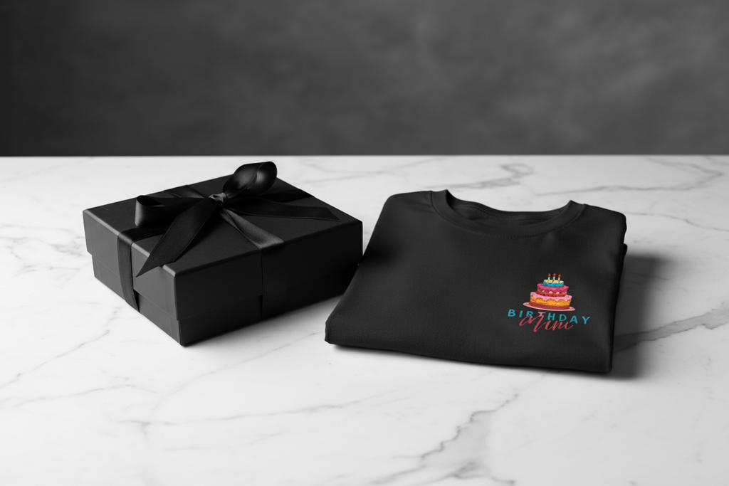 Black birthday cake graphic T-shirt with “Birthday Mum” print