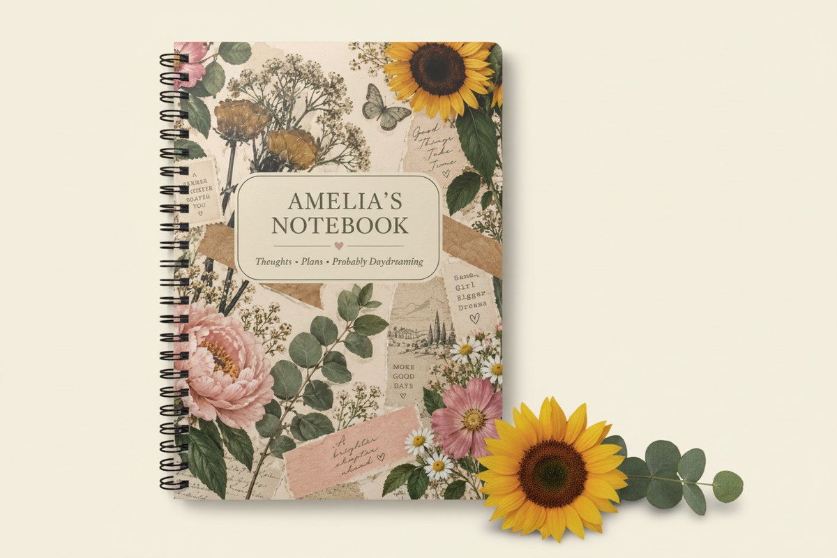 Premium hero mockup of the Amelia notebook