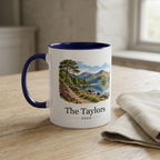 Premium lake view mug mockup personalised with The Taylors and 2026
