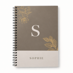 A5 spiral notebook, grey cover with gold floral, initial S, name Sophie