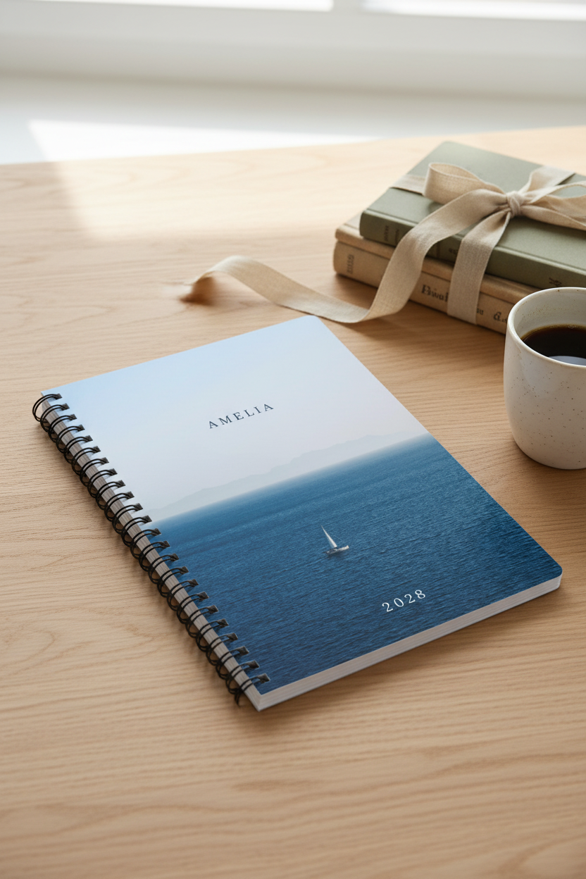 Premium mockup of the Amelia 2028 calm sea notebook