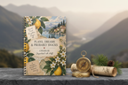 Premium mockup of the Charlie notebook on a stone ledge with mountains