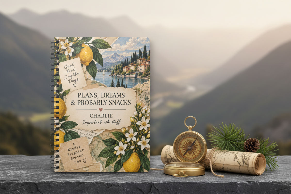 Premium mockup of the Charlie notebook on a stone ledge with mountains