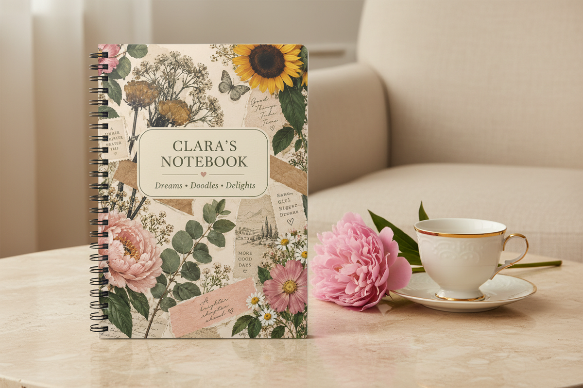 Premium mockup of the Clara notebook on travertine