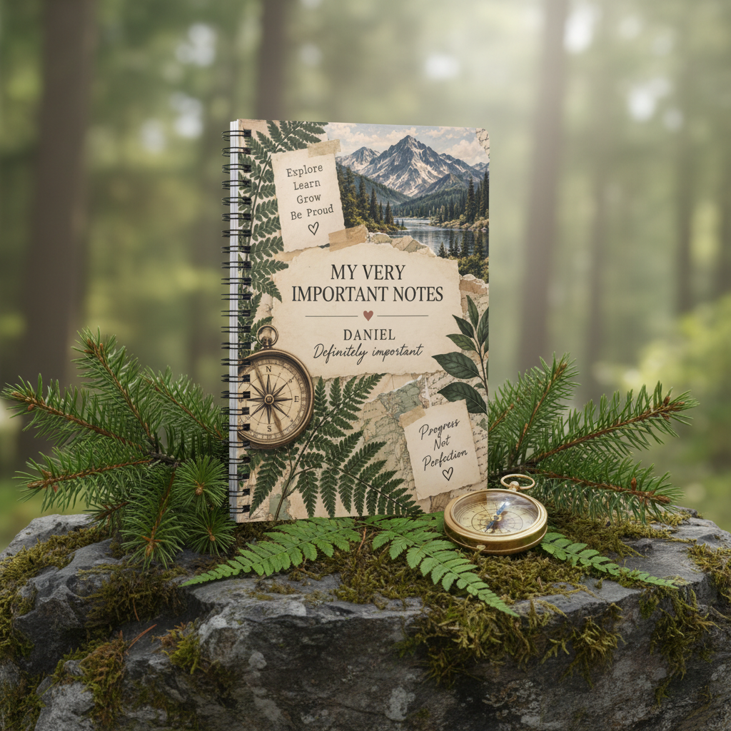 Premium mockup of the Daniel notebook on a mossy forest rock