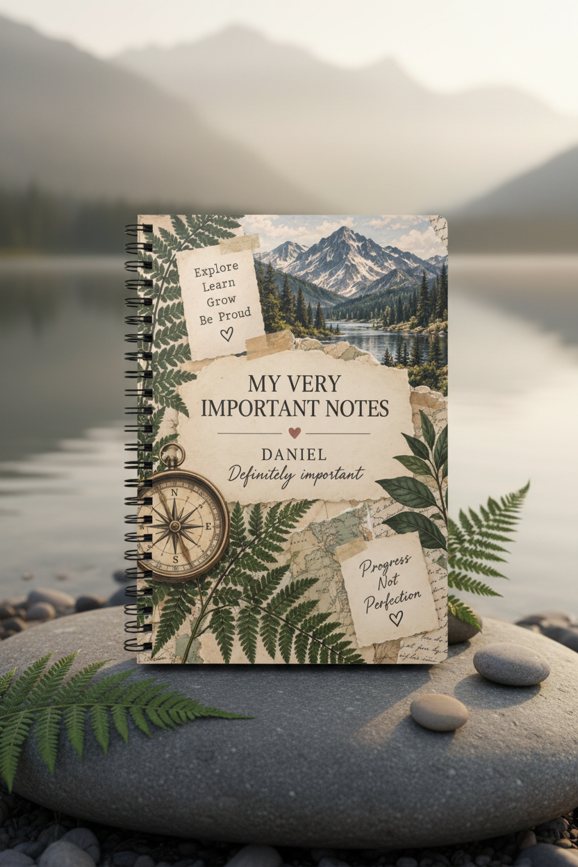 Premium mockup of the Daniel notebook on a river stone by the lake