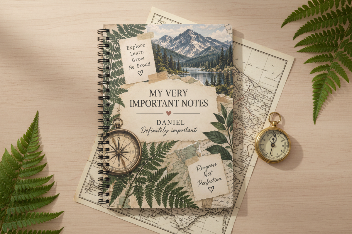 Premium mockup of the Daniel notebook on an oak table with ferns and a map