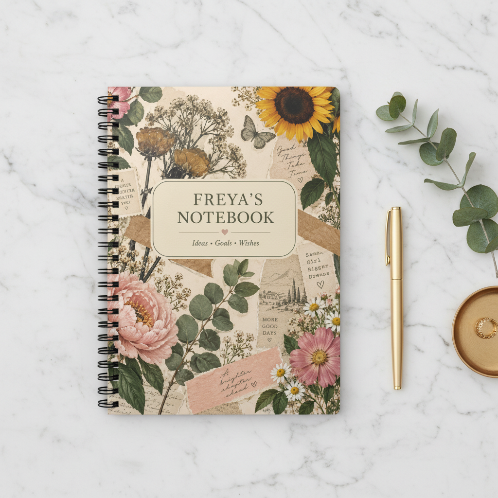 Premium mockup of the Freya notebook on marble
