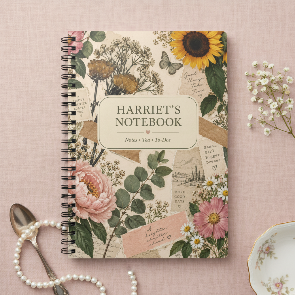 Premium mockup of the Harriet notebook on blush linen