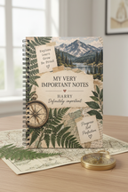Premium mockup of the Harry notebook on an oak table with ferns and a map