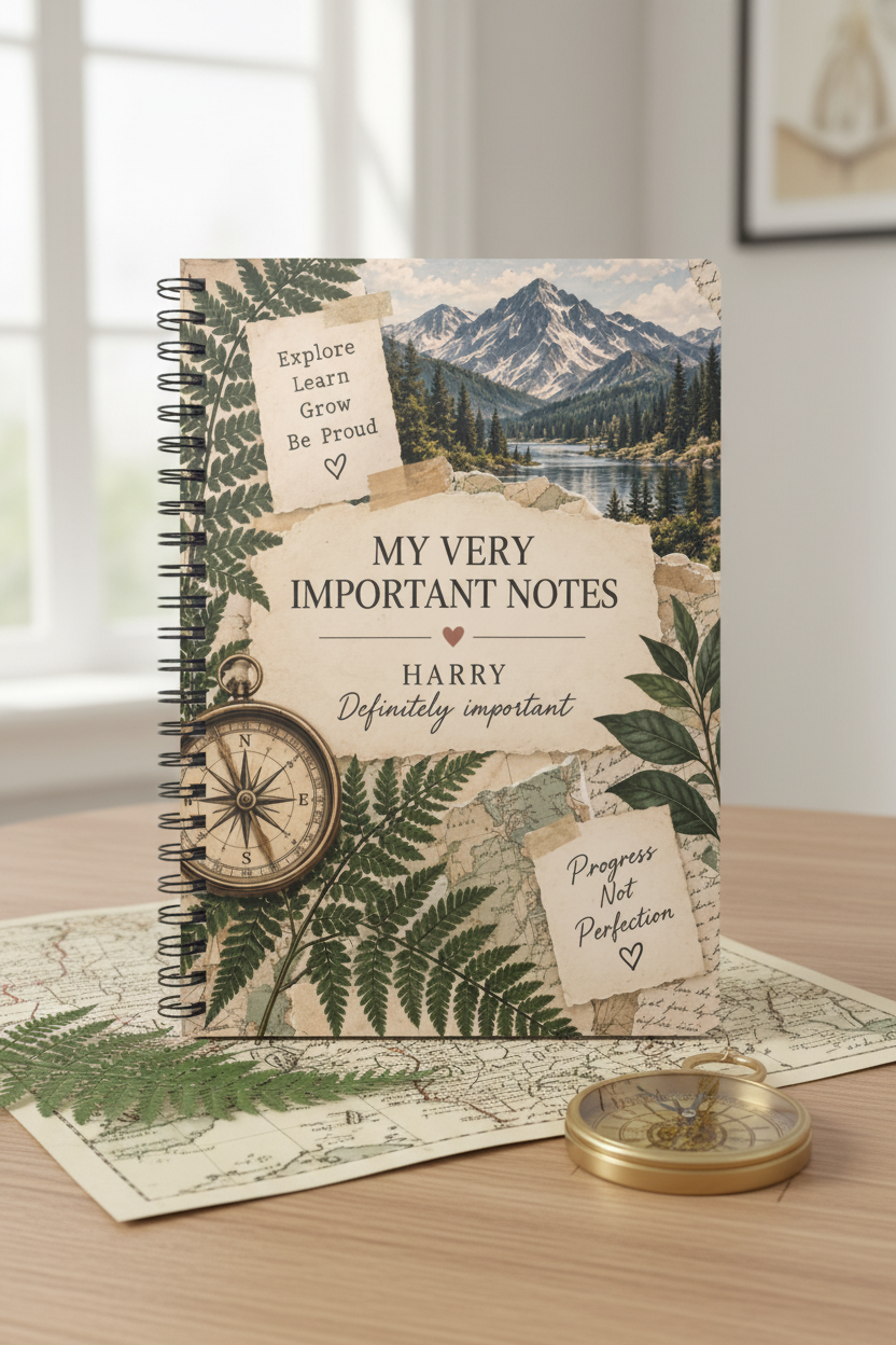 Premium mockup of the Harry notebook on an oak table with ferns and a map